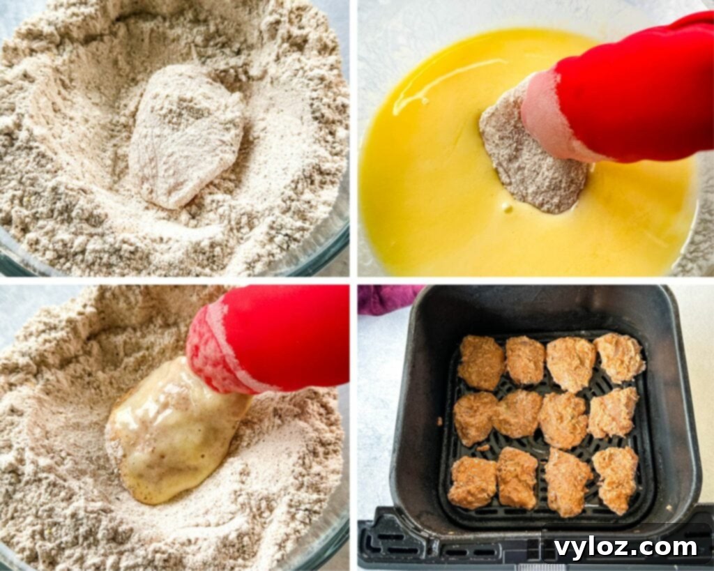 A collage of four photos illustrating raw chicken tenderloins being dredged in buttermilk and seasoned flour mixtures during the breading process.