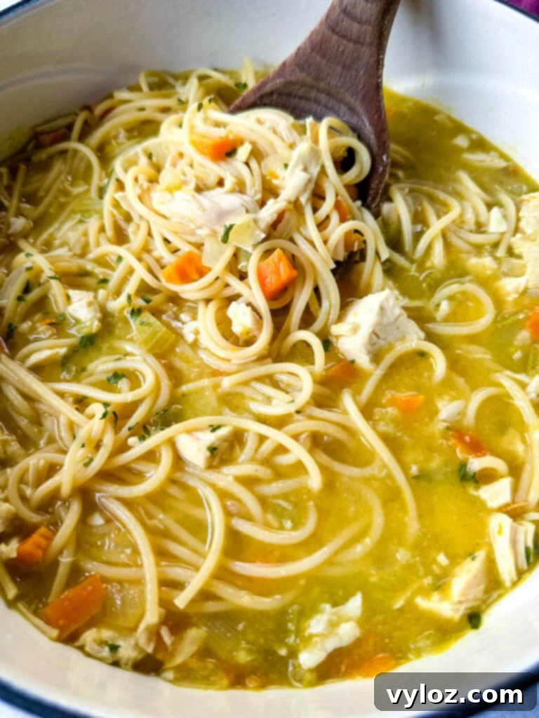 rotisserie chicken noodle soup with carrots and celery in a Dutch oven with a wooden spoon