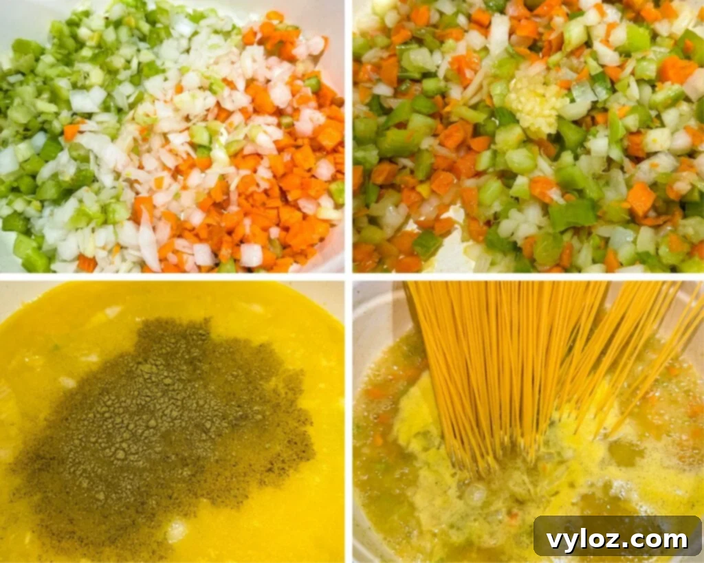 collage of 4 photos with sauteed vegetables, broth, and pasta in a Dutch oven