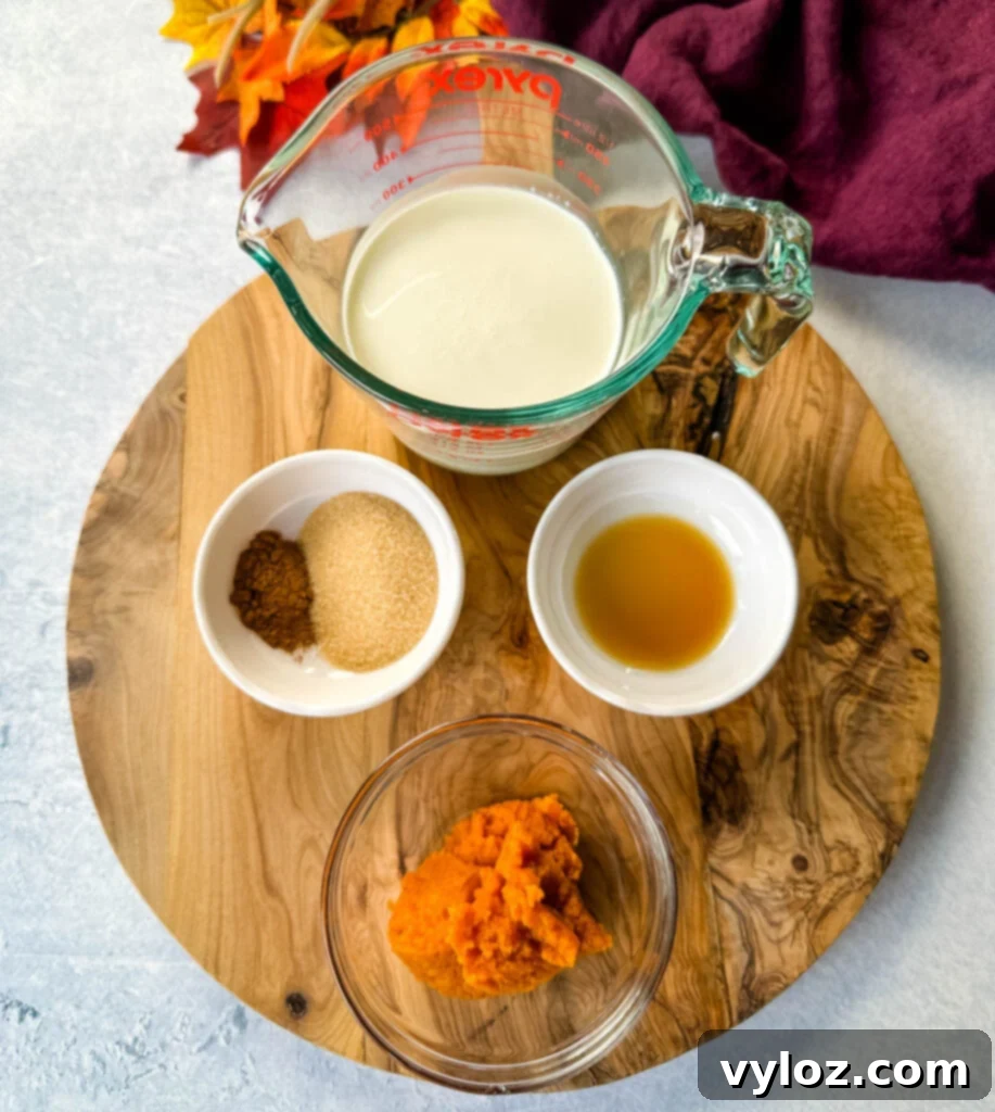 Guilt-Free Pumpkin Spice Cold Brew 3 heavy cream, cinnamon, nutmeg, pure pure pumpkin, and vanilla extract in separate glass bowls