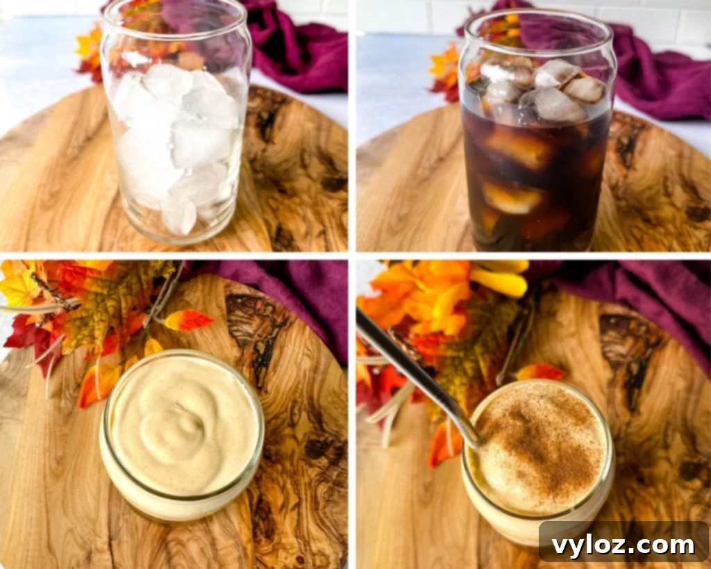 Guilt-Free Pumpkin Spice Cold Brew 9 collage of 4 photos with ice, cold brew coffee, and pumpkin cream in a glass cup