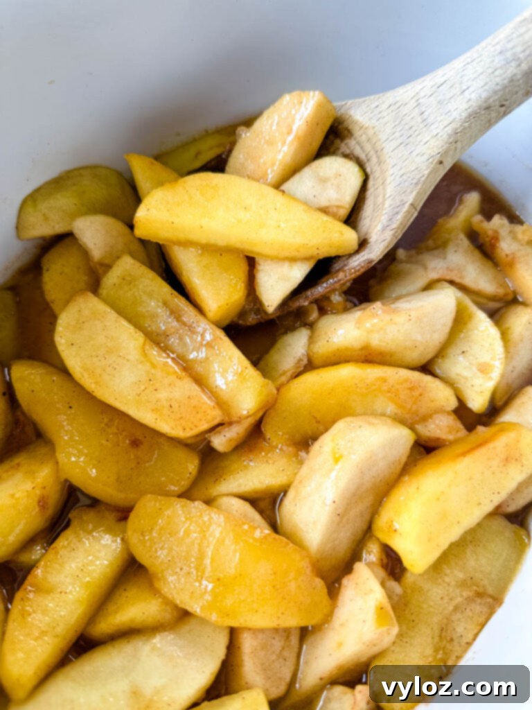baked apples with cinnamon in a Crockpot slow cooker with a wooden spoon