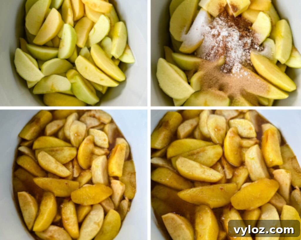 collage of 4 photos with sliced and cored apples in a Crockpot slow cooker with cornstarch, cinnamon, sugar, butter, and lemon juice
