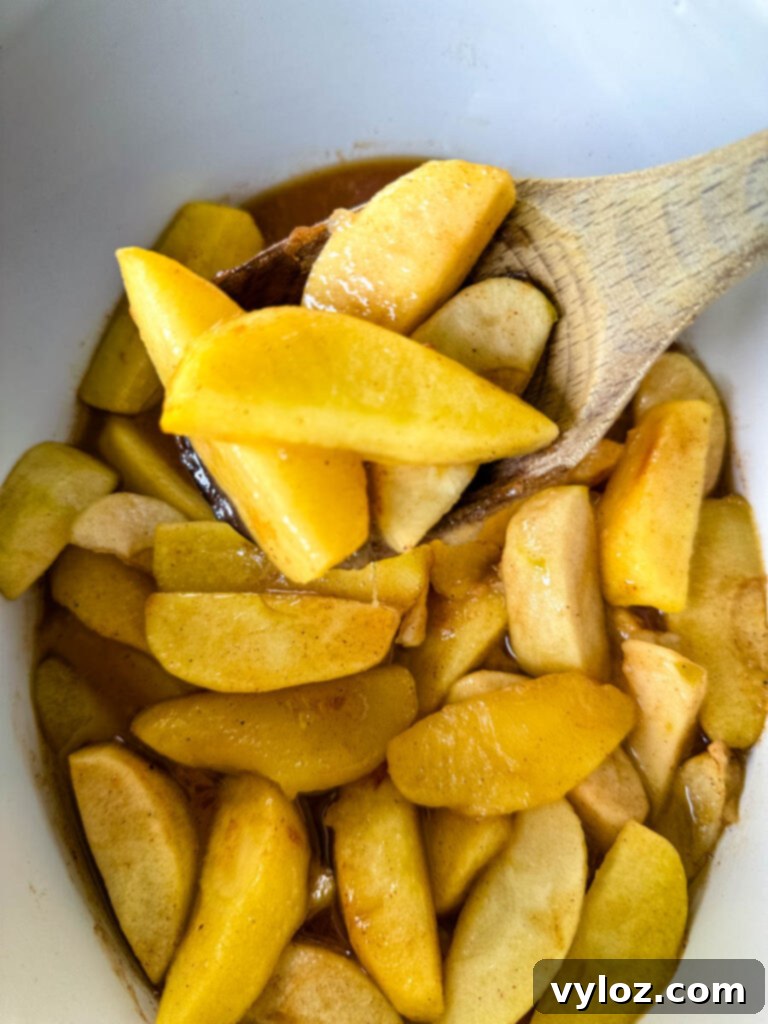 baked apples with cinnamon in a Crockpot slow cooker with a wooden spoon