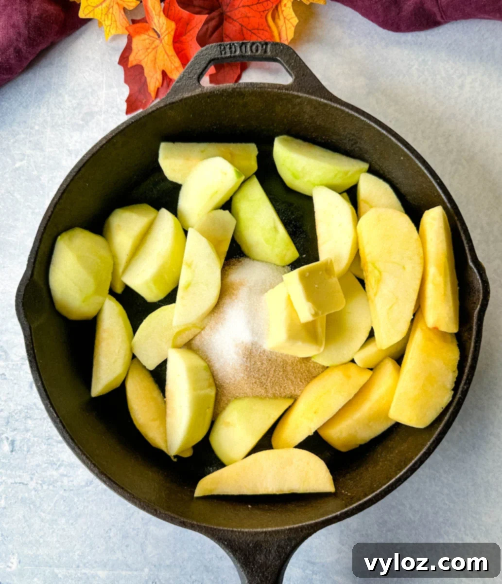 Down-Home Fried Apples 7 Caramelizing Granny Smith apples in a cast iron skillet with butter, cinnamon, and brown sugar.