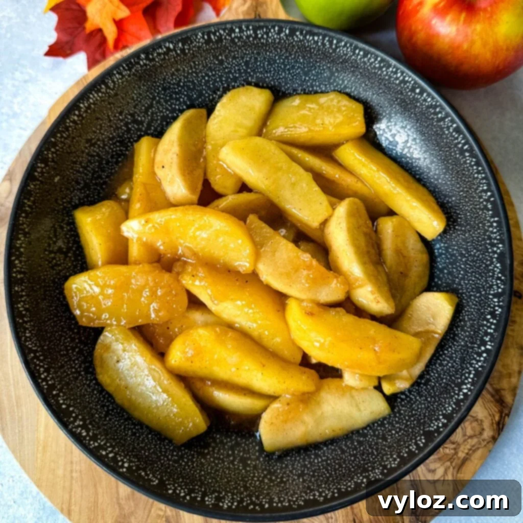 Down-Home Fried Apples 8 A serving of Southern fried apples with cinnamon in a black bowl, garnished with a sprig of mint.