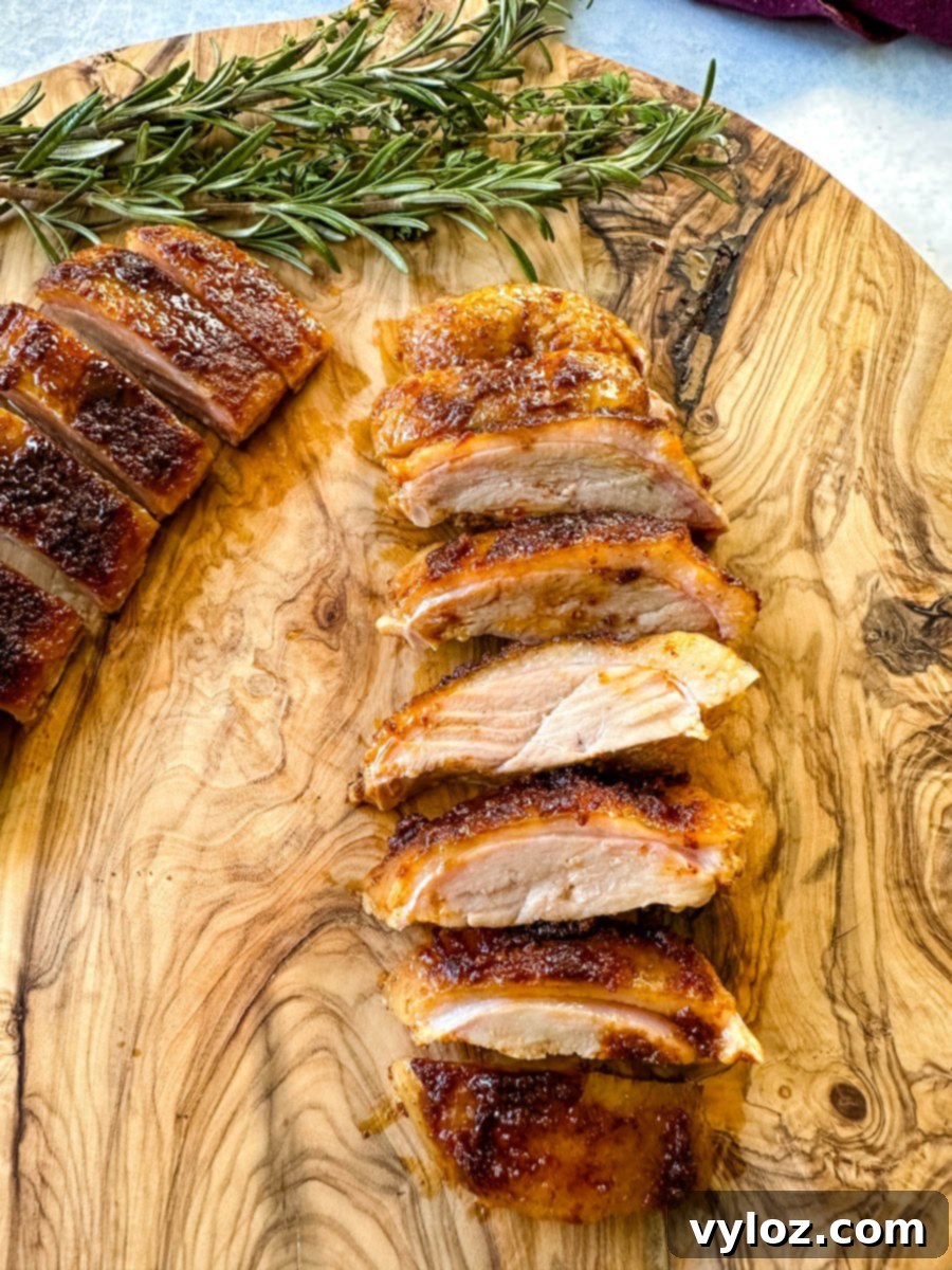 Tender Slow Cooker Duck 11 slow cooker Crockpot duck breast sliced on a wooden cutting board