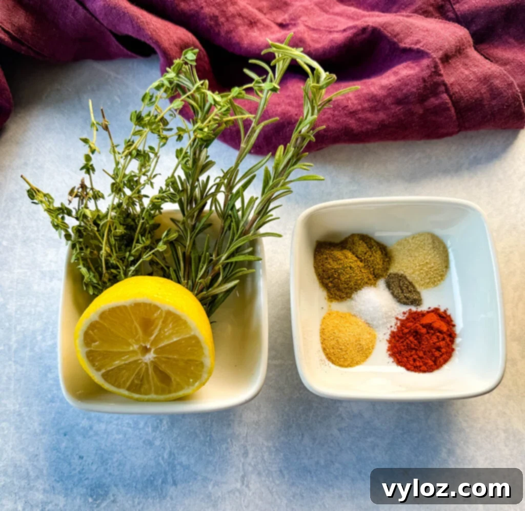 Tender Slow Cooker Duck 5 lemon, parsley, rosemary, and spices in separate white bowls