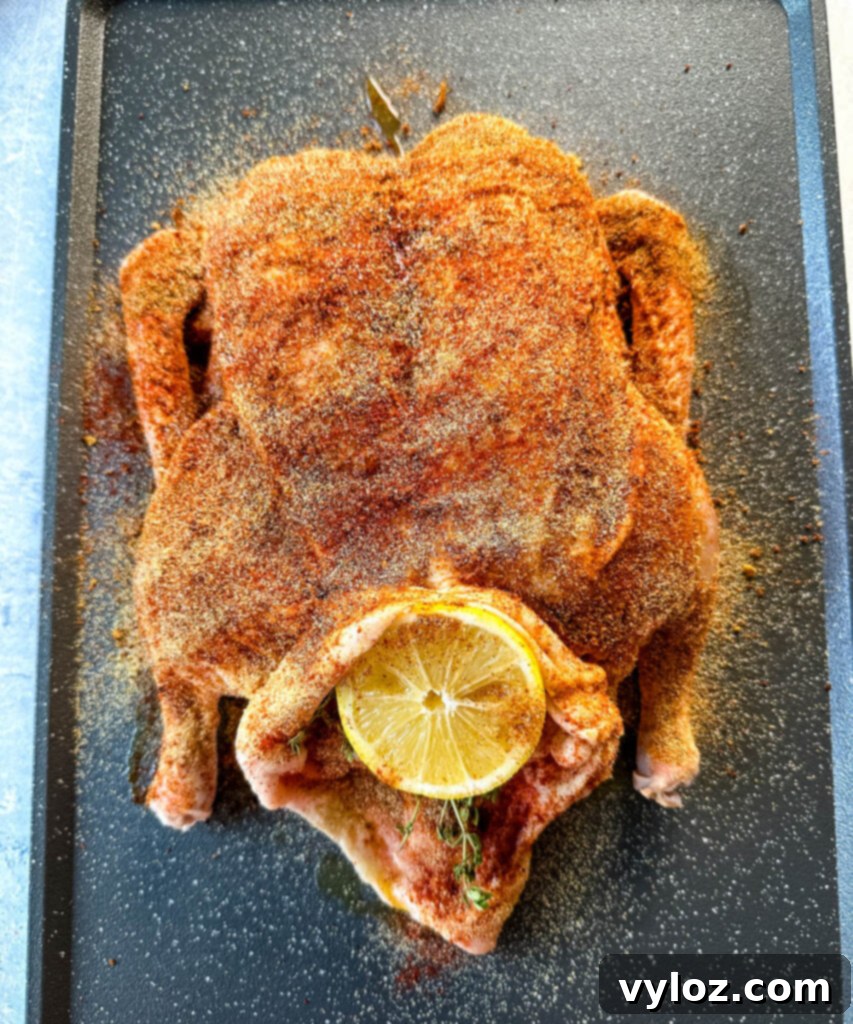 Tender Slow Cooker Duck 6 raw seasoned whole duck on a sheet pan stuffed with lemon and herbs
