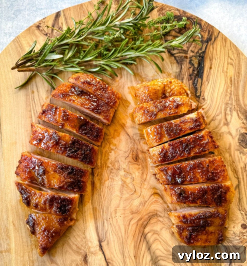 Tender Slow Cooker Duck 9 slow cooker Crockpot duck breast sliced on a wooden cutting board