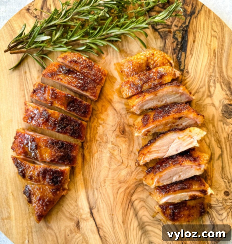Tender Slow Cooker Duck 10 slow cooker Crockpot duck breast sliced on a wooden cutting board