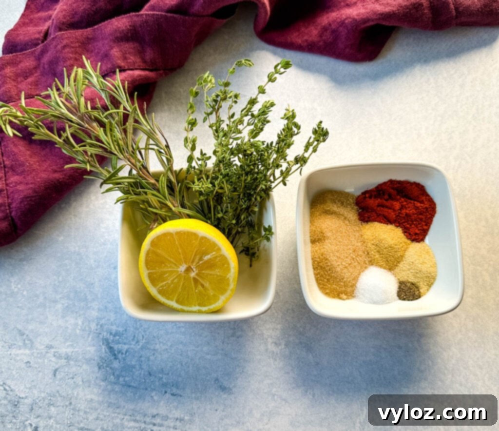 Mastering Smoked Duck 4 lemon, parsley, rosemary, and spices in separate white bowls