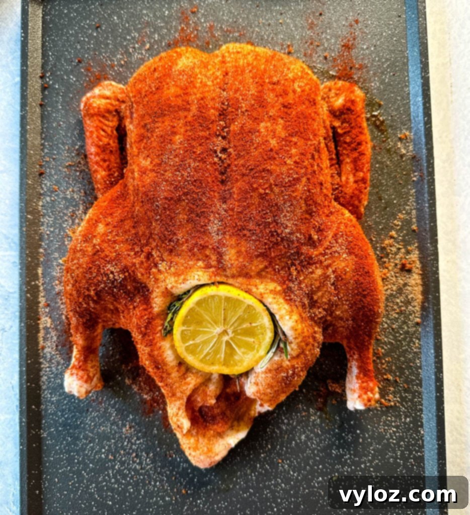Mastering Smoked Duck 5 raw seasoned whole duck on a sheet pan stuffed with lemon and herbs