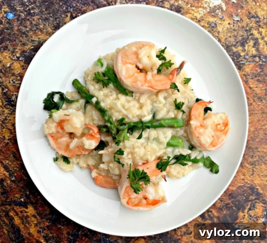 No-Stir Creamy Instant Pot Shrimp Risotto 12 A beautifully plated Instant Pot risotto, ready to be served.