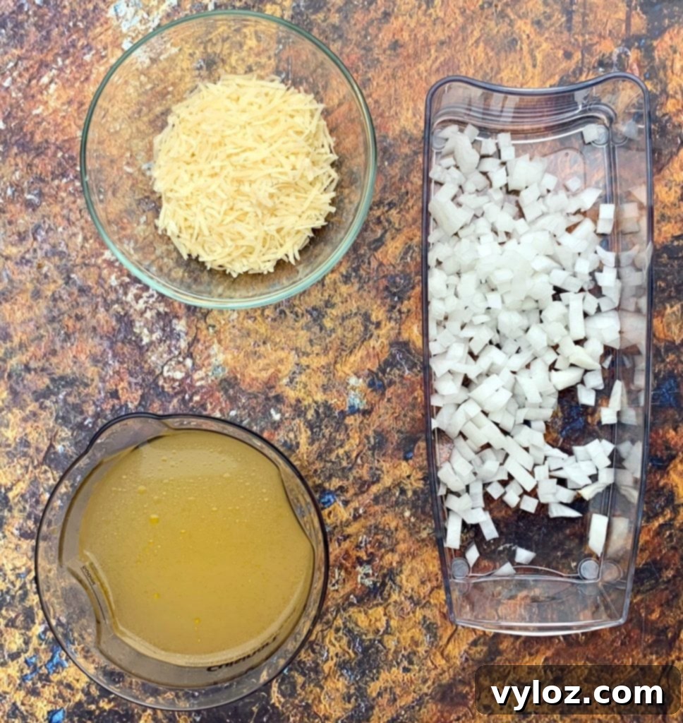 No-Stir Creamy Instant Pot Shrimp Risotto 4 Various ingredients for Instant Pot risotto, neatly arranged in separate bowls.