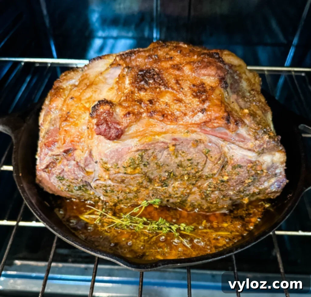 Bone-in or Boneless Garlic Butter Prime Rib 11 garlic herb butter roasted prime rib in a cast iron skillet with herbs in the oven