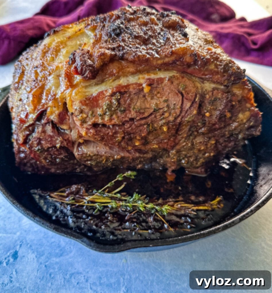 Bone-in or Boneless Garlic Butter Prime Rib 12 roasted garlic herb butter prime rib in a cast iron skillet