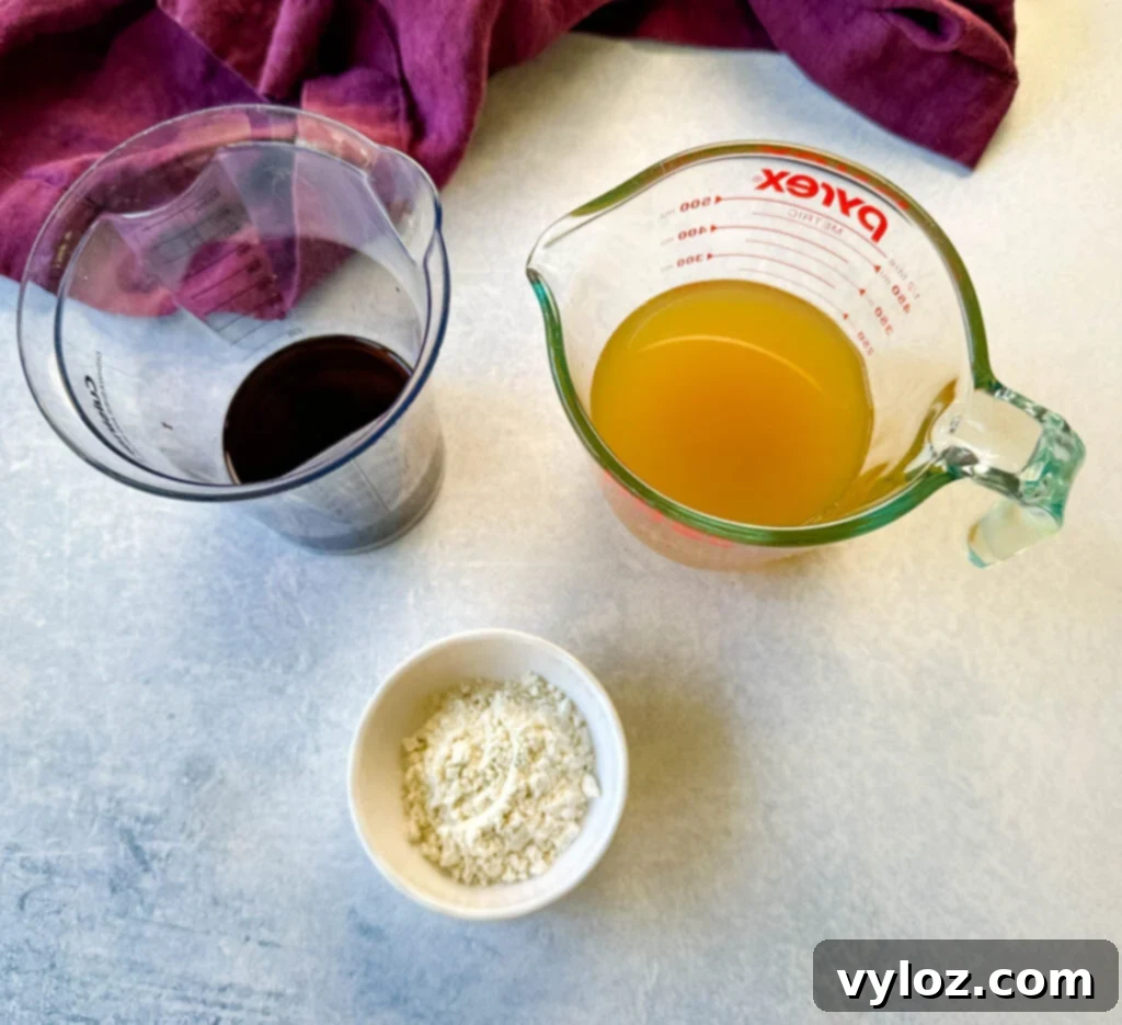 beef broth, red wine, and flour in separate glass bowls