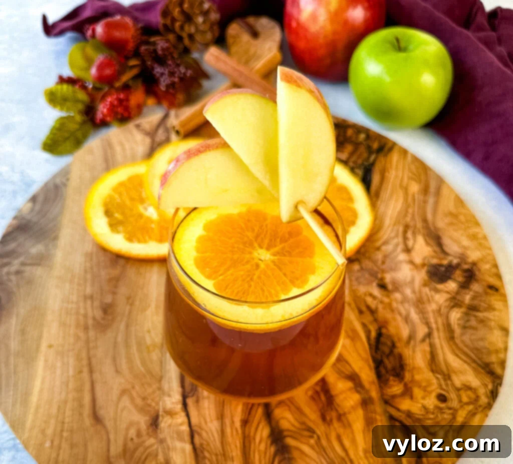 Finished apple cider bourbon cocktail with orange and apple slices in a glass, ready to drink