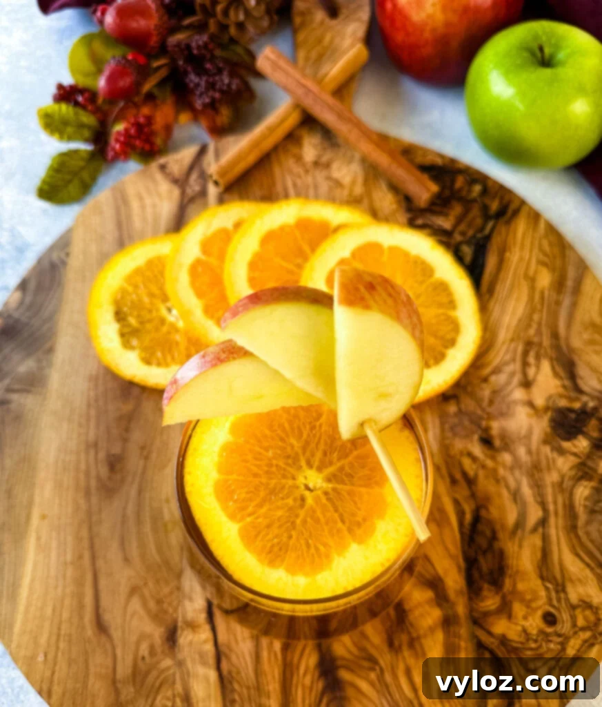 Close-up of apple cider bourbon cocktail garnished with orange and apple slices