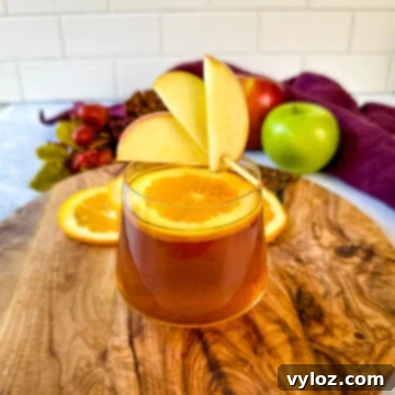 Apple Cider Bourbon Cocktail with orange and apple slices in a cup