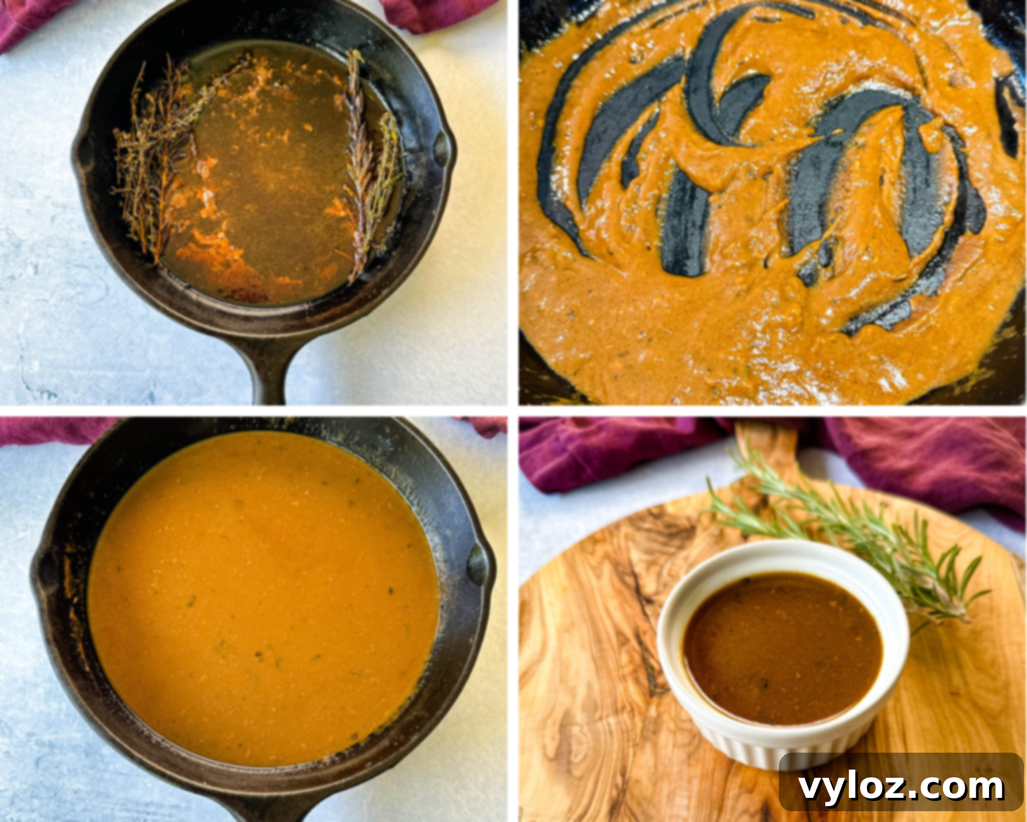 collage of 4 photos with roast beef drippings and au jus sauce in a cast iron skillet
