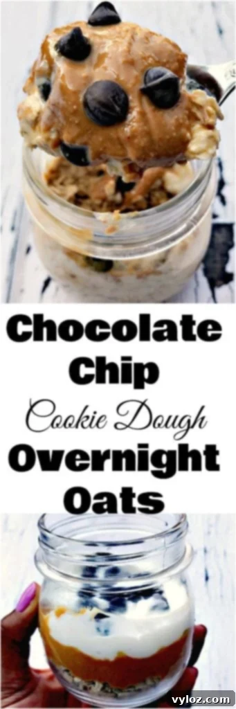 A vertical image of a single jar of Chocolate Chip Cookie Dough Protein Overnight Oats, garnished with chocolate chips and a spoon.