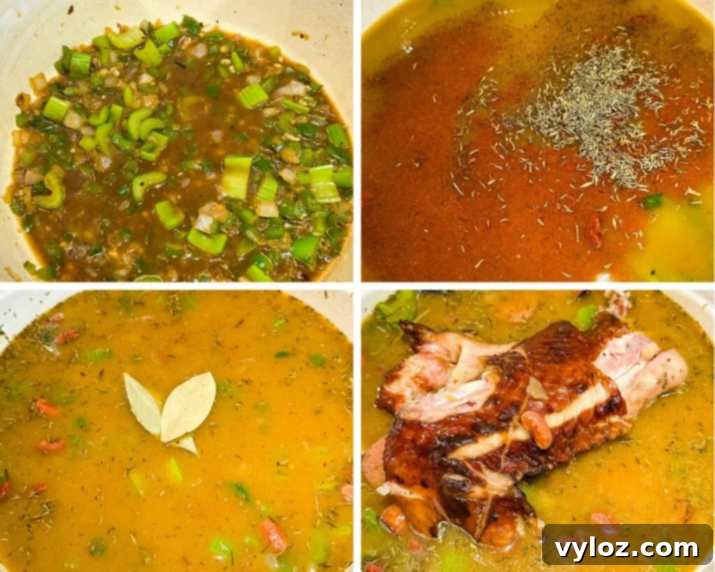A four-photo collage illustrating the addition of key ingredients to a Dutch oven: sautéed celery, green peppers, and onions; pouring in broth; adding Creole seasoning and smoked turkey; and finally, a bay leaf, all contributing to the rich flavors of red beans and rice.