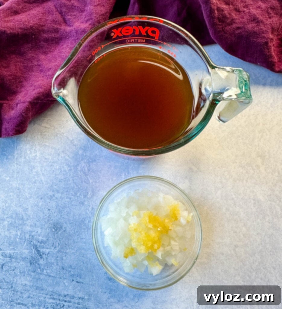 broth, diced onions, and minced garlic in separate
