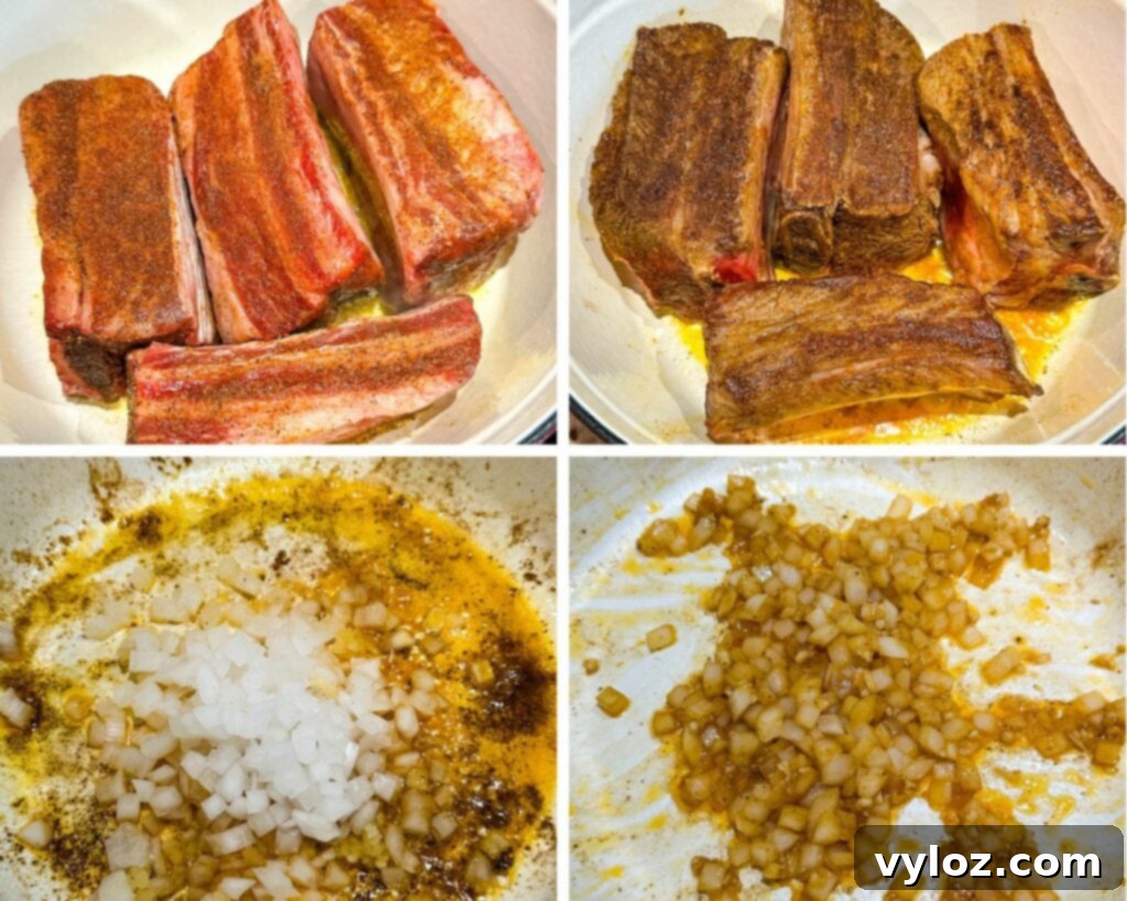 collage of 4 photos with short ribs in a Dutch oven along with onions and garlic