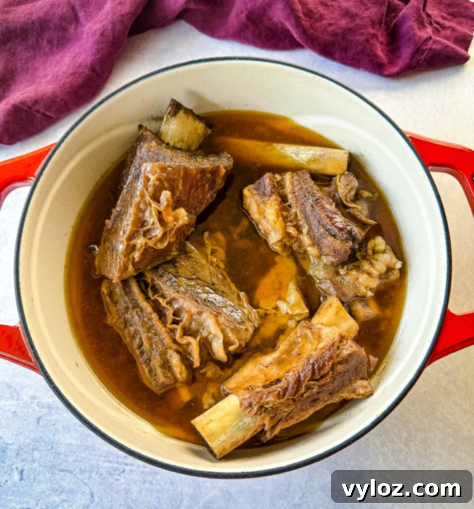 cooked braised beef short ribs in a Dutch oven with broth