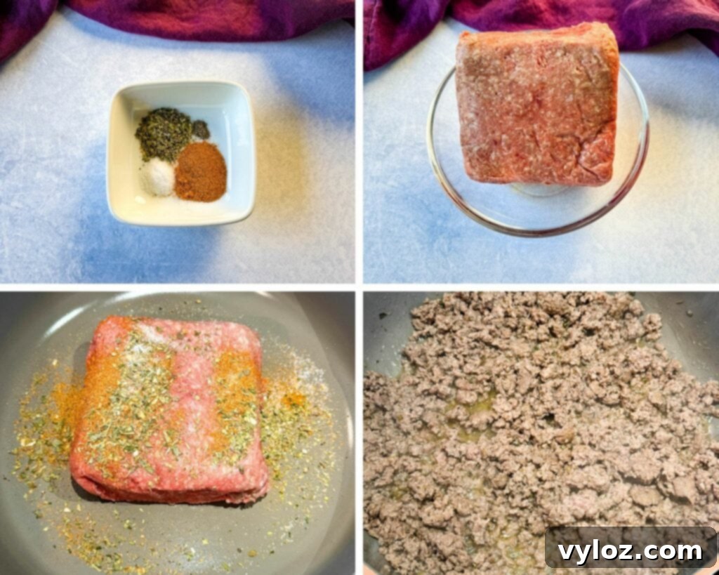 Collage of four photos showing ground beef being seasoned and cooked in a skillet with spices.