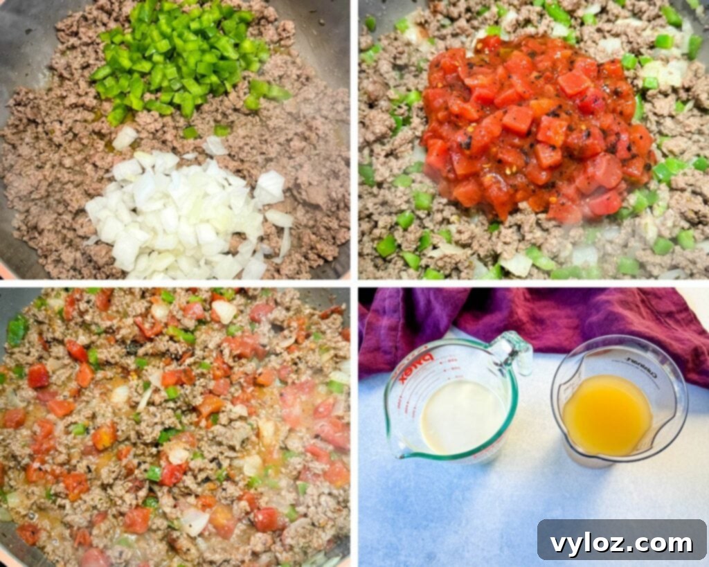 Collage of four photos showing ground beef cooking in a skillet with spices, then adding vegetables.