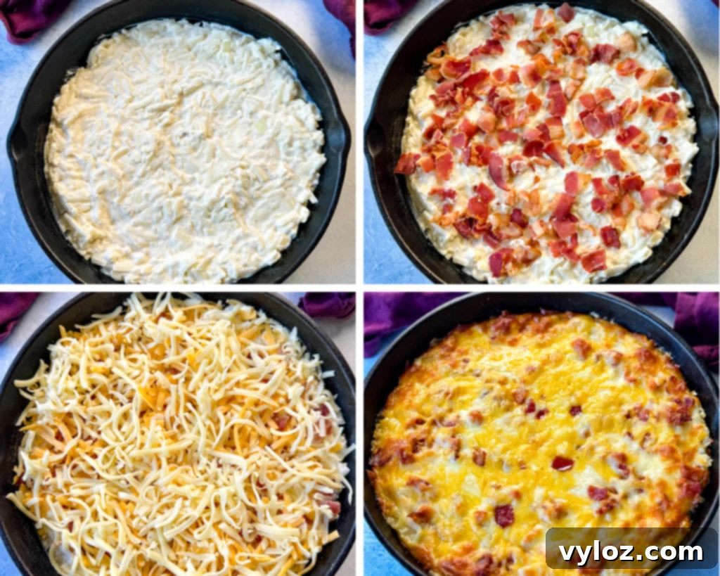 A four-panel collage showing the preparation steps of an unbaked hash brown casserole in a cast iron skillet, including mixing and layering ingredients.