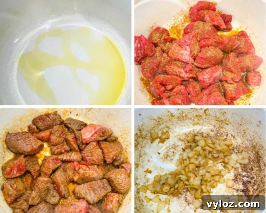A four-photo collage showing the initial steps of cooking beef tips: olive oil heating in a Dutch oven, raw beef tips being added, seasoned beef searing in the pot, and then removed to a bowl after searing, ready for gravy preparation.