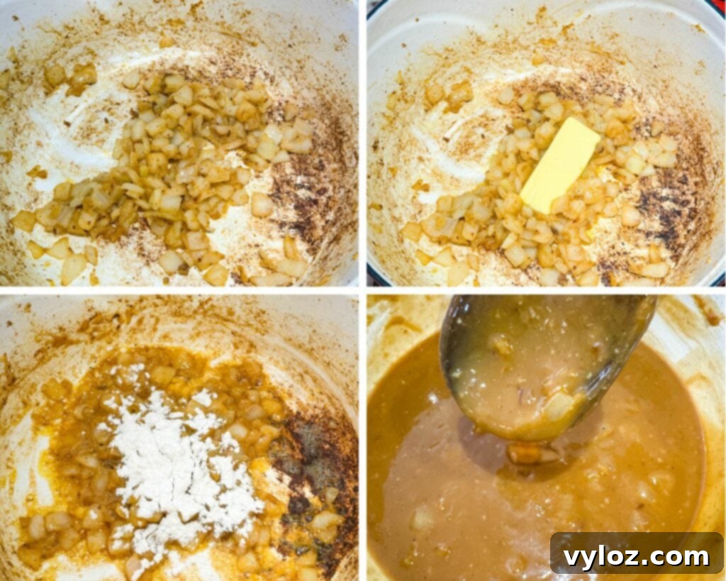A four-photo collage illustrating the gravy-making process: diced onions sautéing, butter melting in the pot, flour being whisked into the butter and onions to form a roux, and finally, rich brown gravy simmering in the Dutch oven.