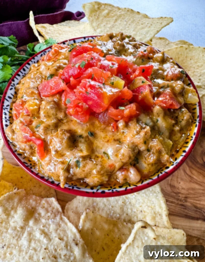Rotel cheese dip with ground beef in a bowl with a plate of chips and cilantro