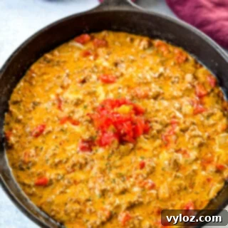 Rotel dip with ground beef in a cast iron skillet