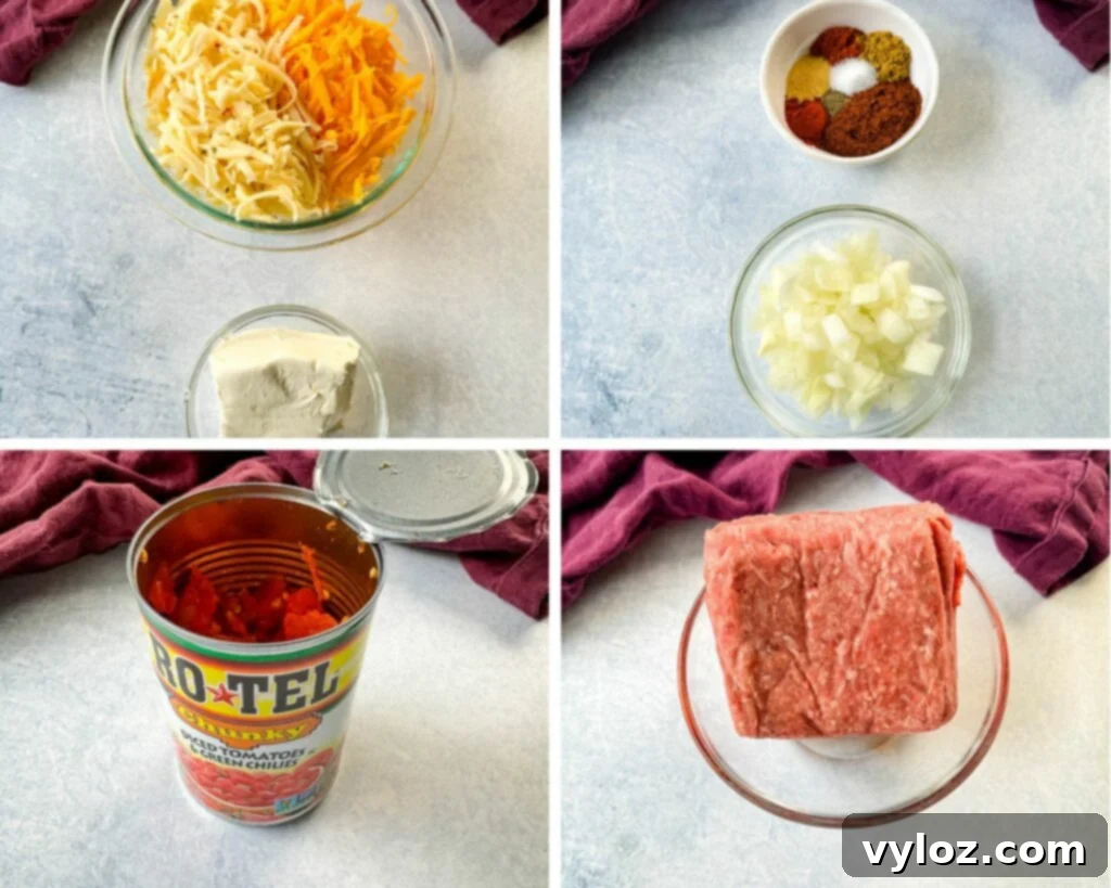 grated cheddar cheese, cream cheese, homemade taco seasoning, diced onions, canned Rotel, and raw ground beef in separate bowls