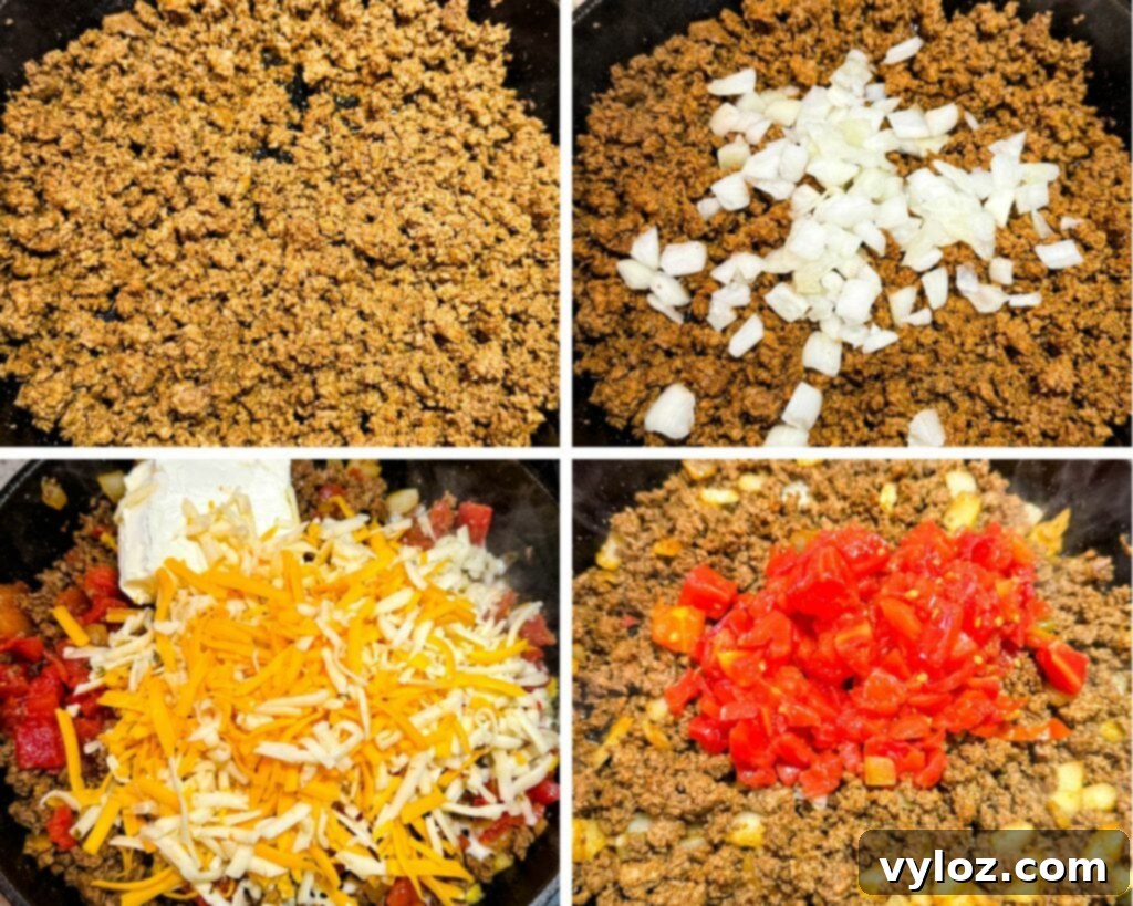collage of 4 photos with cooked ground beef, onions, Rotel, and cheese in a cast iron skillet