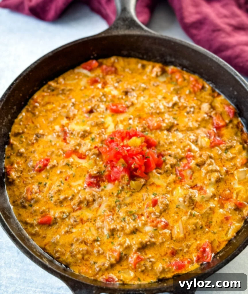 Rotel dip with ground beef in a cast iron skillet