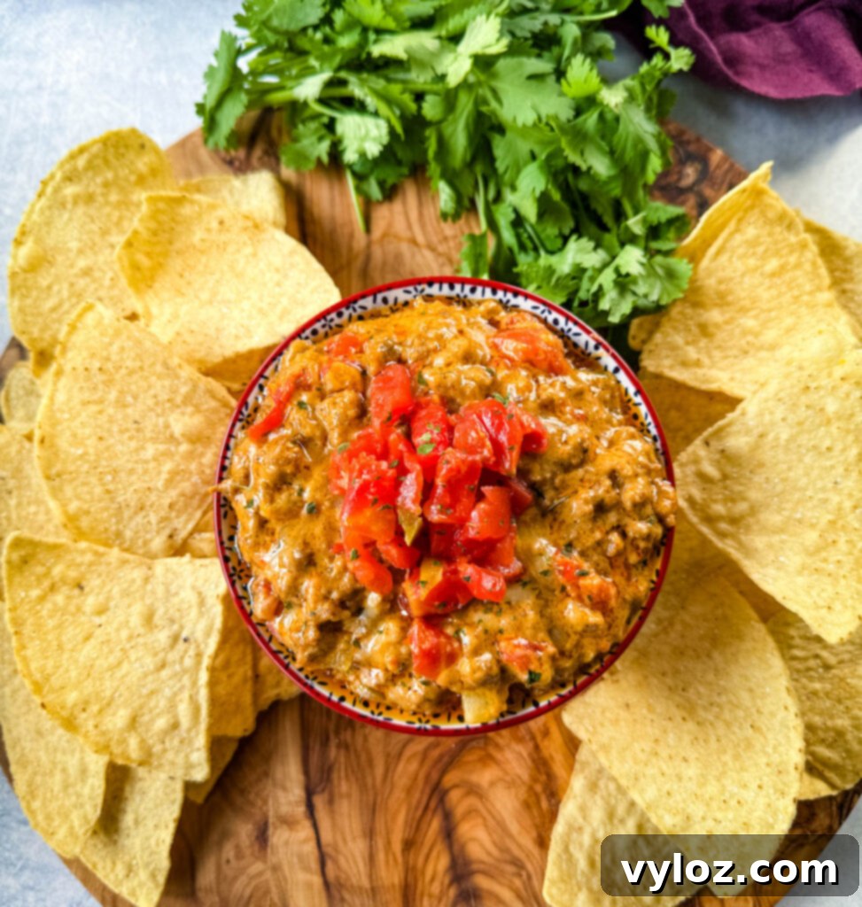 Rotel cheese dip with ground beef in a bowl with a plate of chips and cilantro