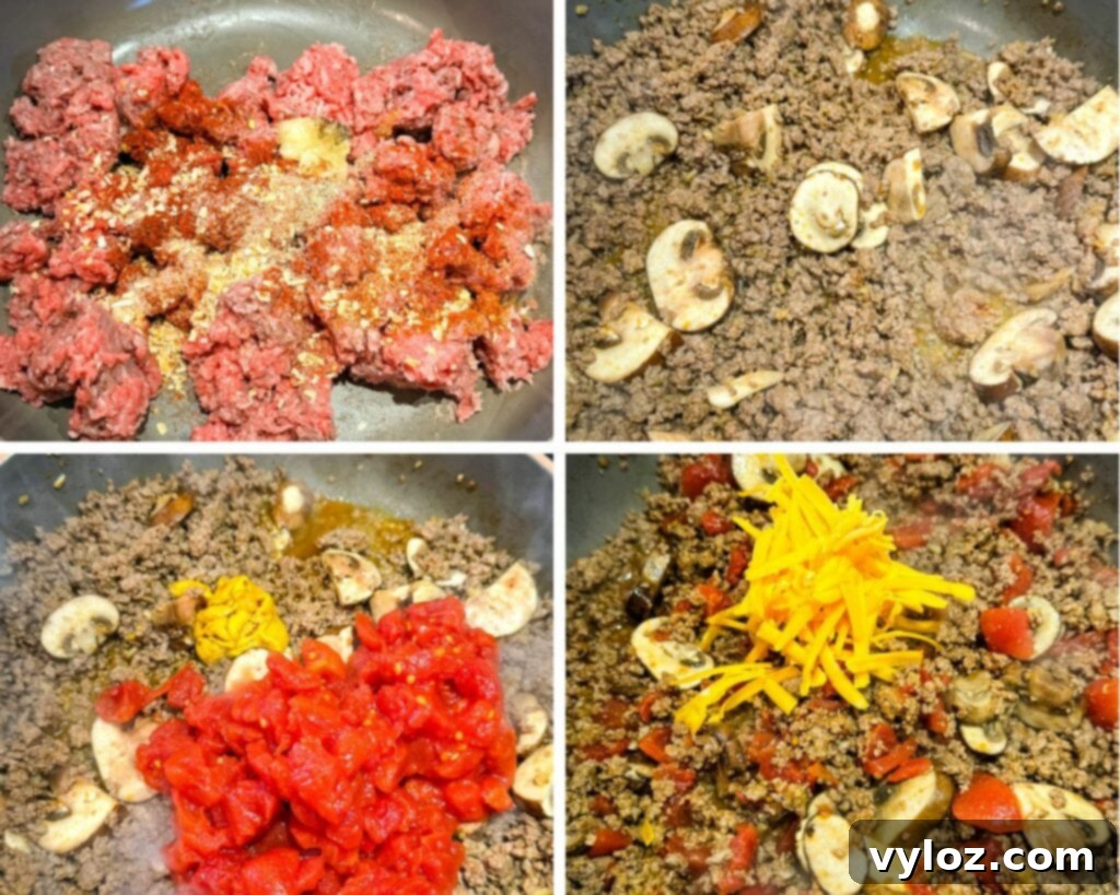 Collage of four photos showing ground beef cooking in a pan with diced tomatoes and cheddar cheese