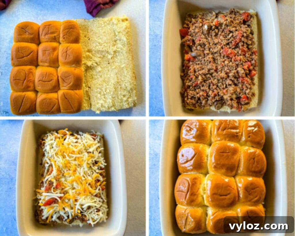 Collage of four photos demonstrating King's Hawaiian rolls sliced in half and placed in a baking dish, ready for assembly