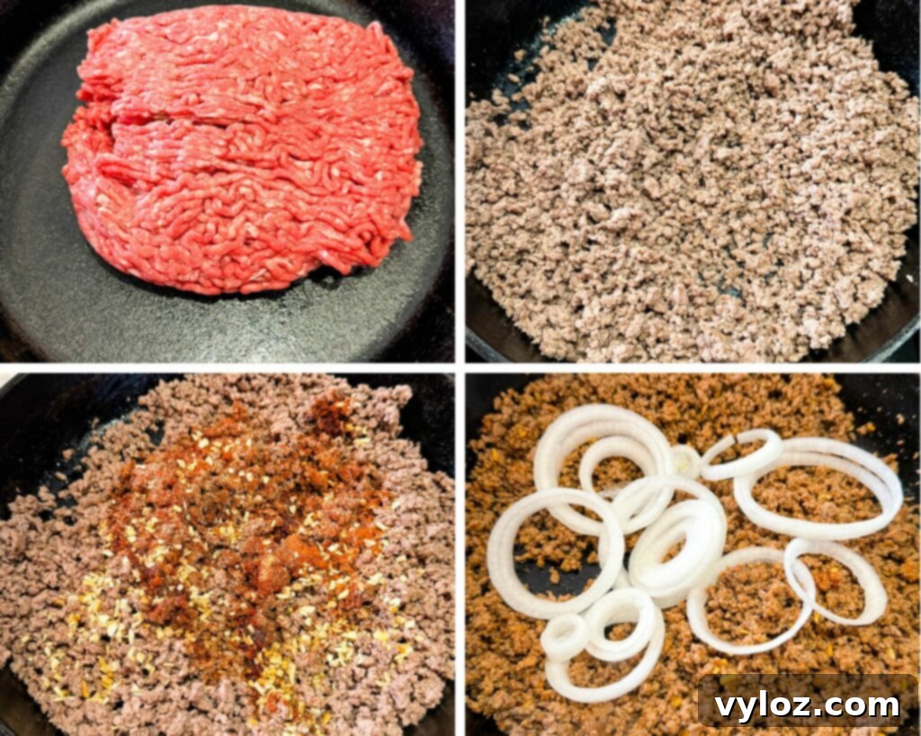 collage of 4 photos showing cooked ground beef in a skillet with spices