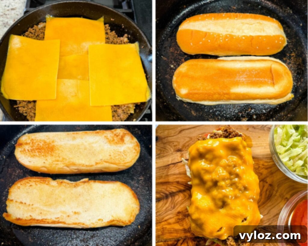 collage of 4 photos with chopped cheese and toasted buns in a cast iron skillet