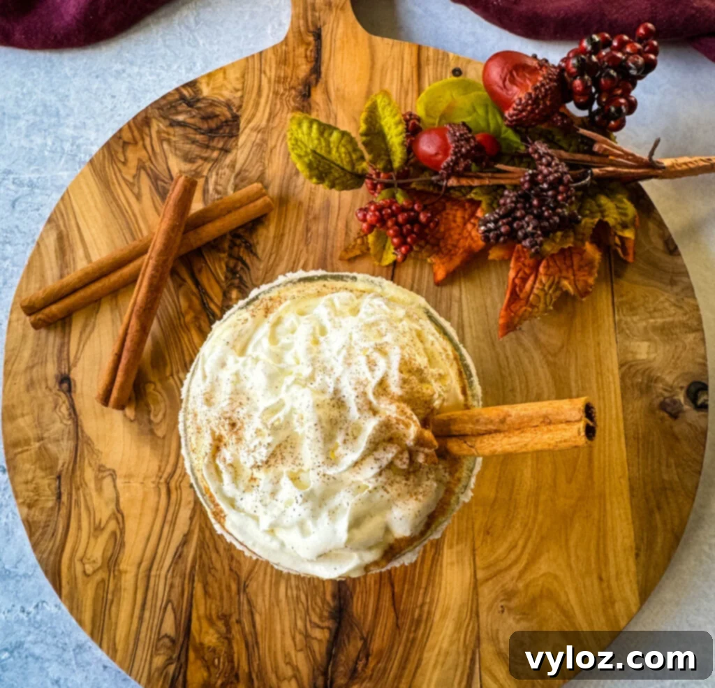 spiked eggnog with liquor, cinnamon, and whipped cream on a flat surface