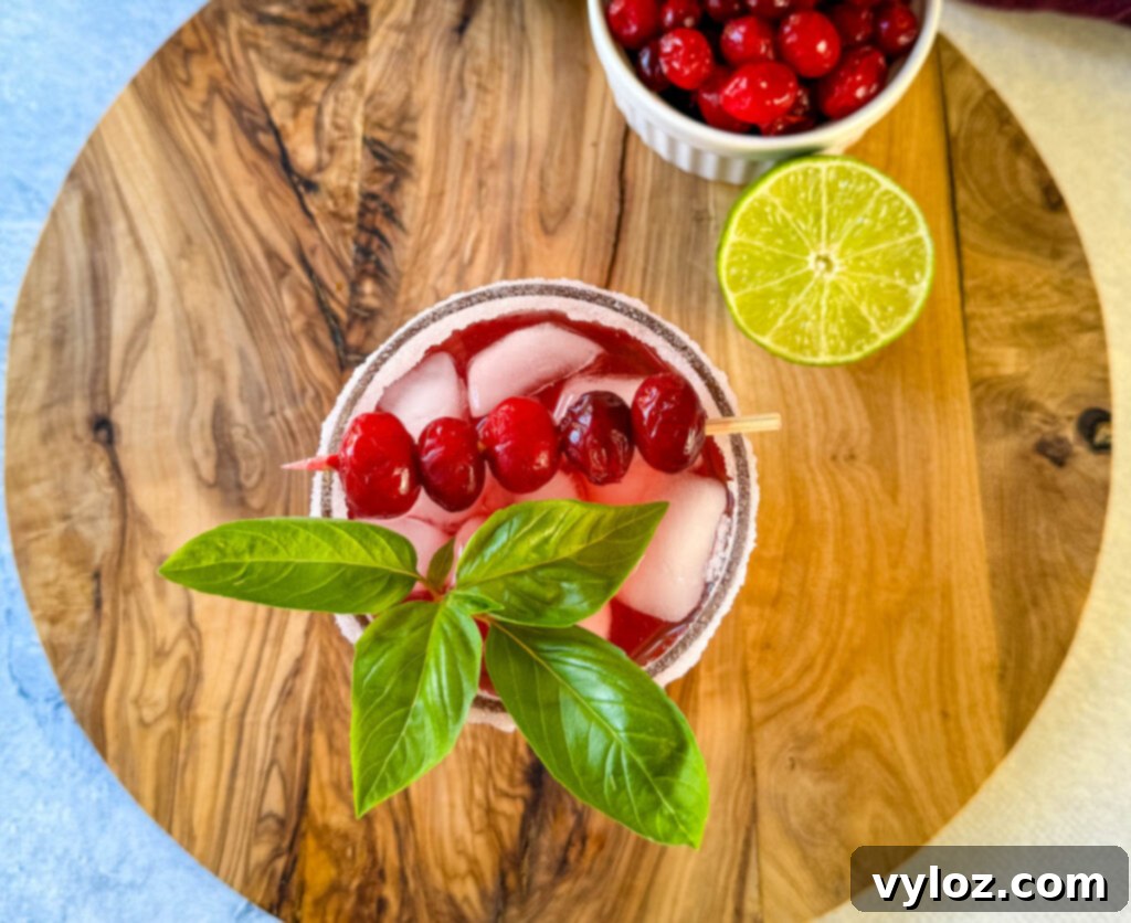 cranberry margarita with fresh cranberries and herbs in a glass