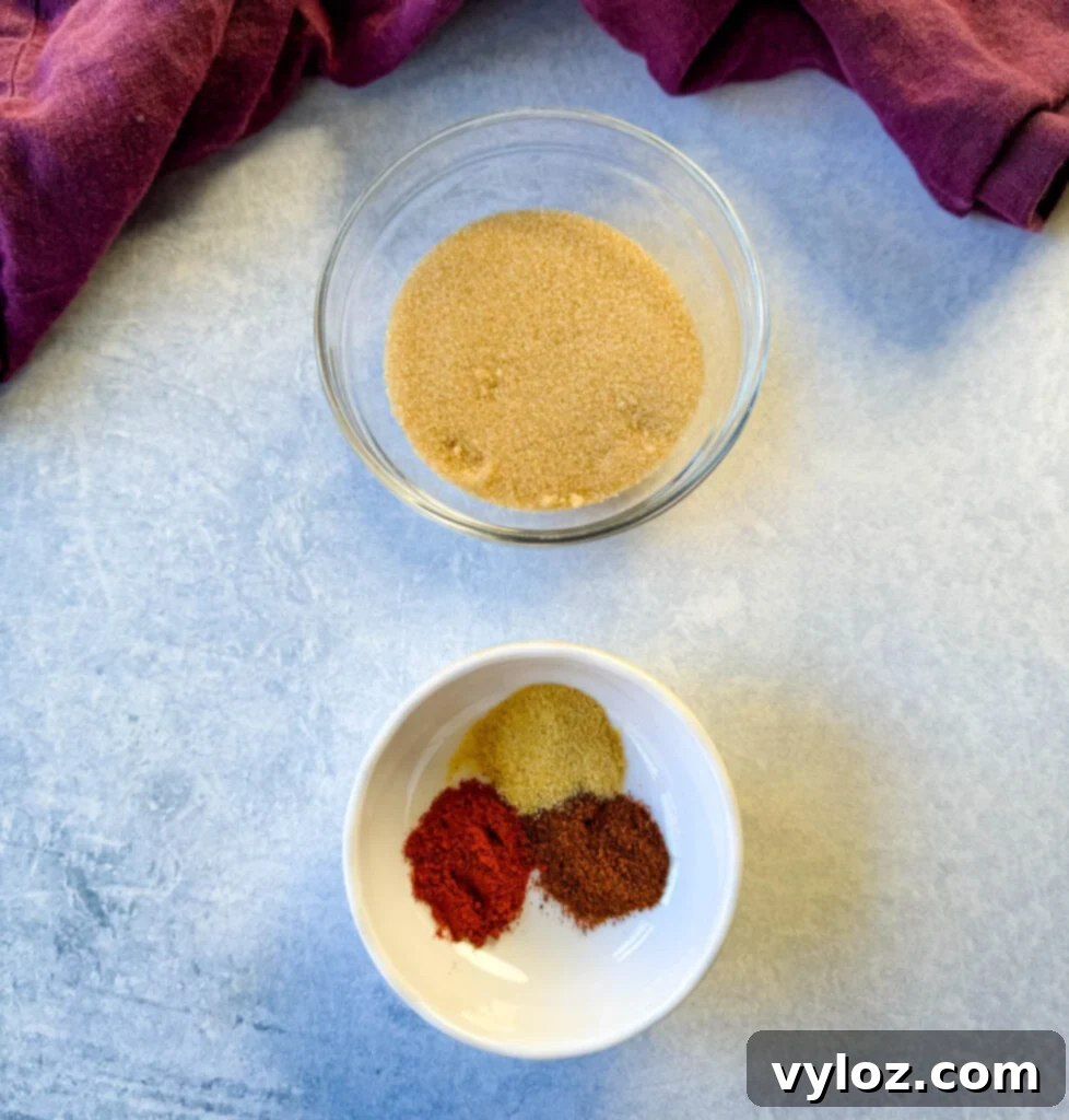 Sweet and Sticky BBQ Little Smokies 5 brown sugar, chili powder, garlic powder, and smoked paprika in separate white bowls