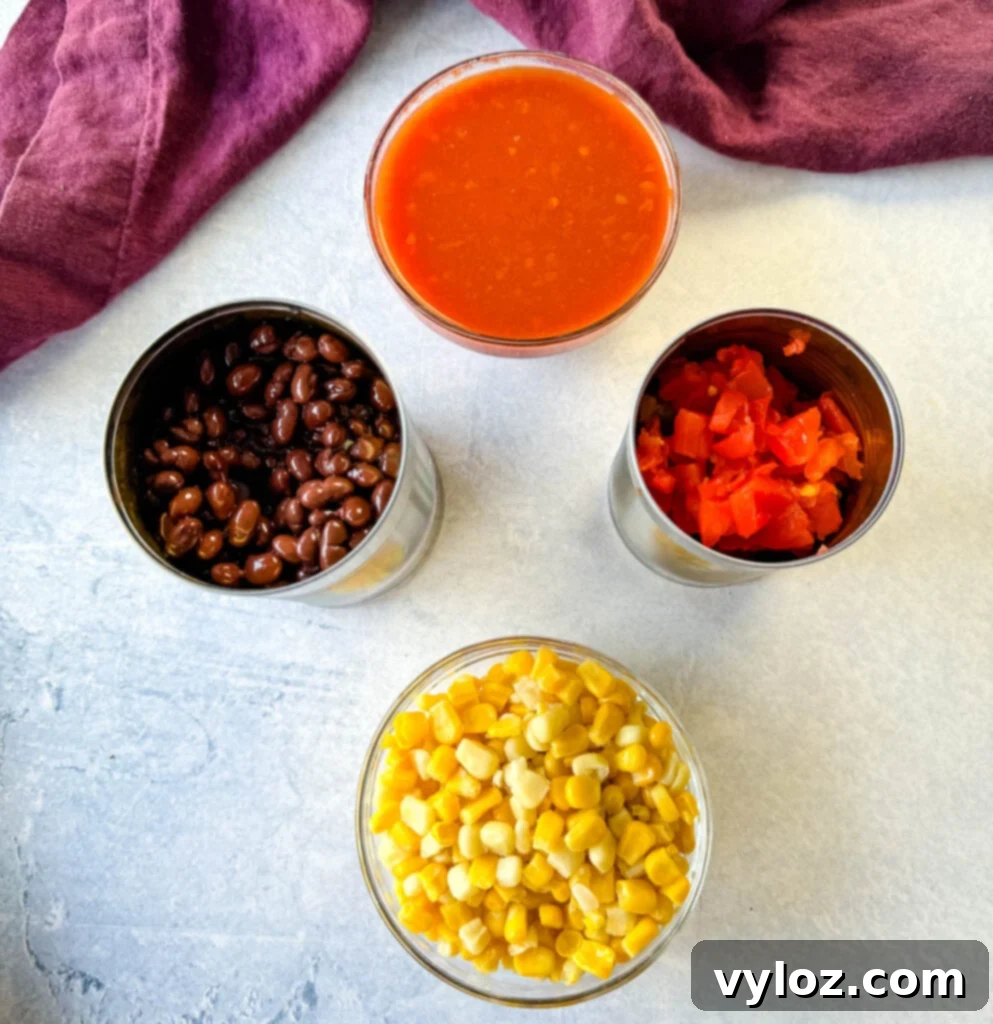 An assortment of key taco casserole ingredients: a bowl of vibrant salsa, a can of black beans, a can of diced tomatoes, and a bowl of golden kernel corn.